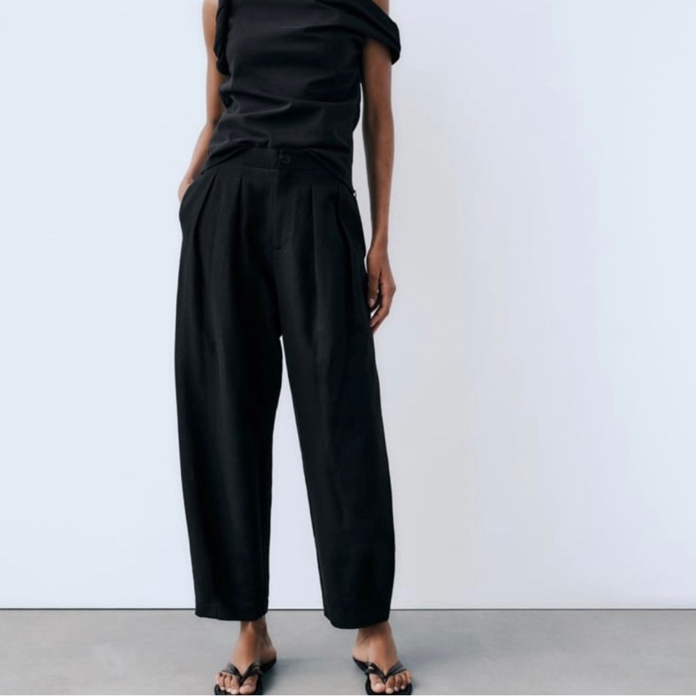 Zara Black Linen Pleated Tapered Balloon Trouser Pants Large Relaxed Office Boho